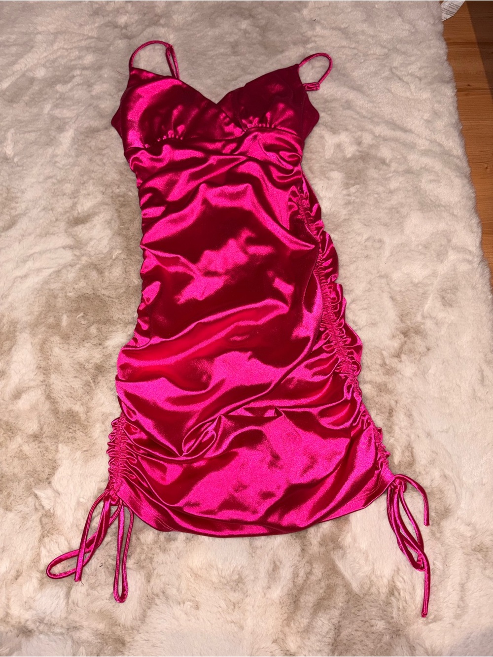 Hot Pink Satin Ruched Mini Dress with Spaghetti Straps